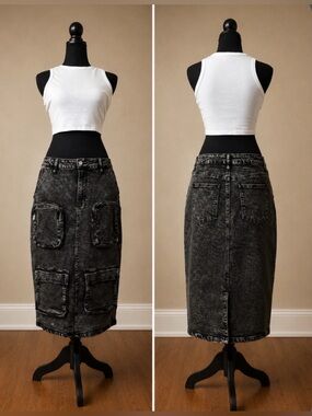 Fashion Nova Sakura Cargo Denim Midi Skirt | NWOT | Black Acid Wash | Size L